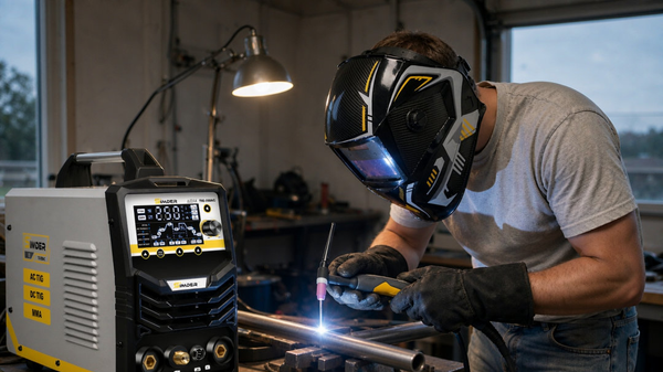 Fabricator TIG welding an aluminum tube in a home garage with a Simder TIG-250AC AC/DC welder on a cart beside the bench.