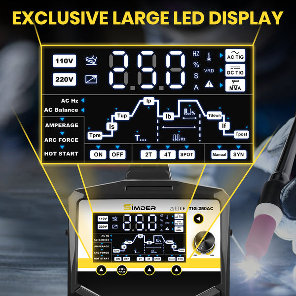 Pre Sale - SSIMDER TIG-250 AC TIG Welder With Smart Synergic AC/DC TIG, AC/DC Pulse TIG, Spot TIG, Stick
