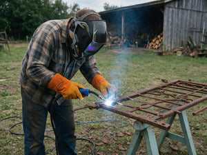Flux core welding a rusty farm gate outdoors, no gas tank