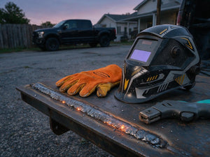 Fresh stick weld cooling on thick steel at dusk