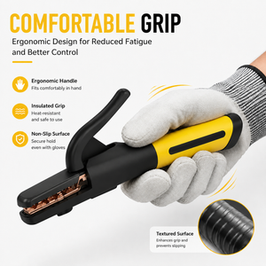 Gloved hand gripping a 600A welding stinger showing its ergonomic insulated non-slip handle for reduced fatigue
