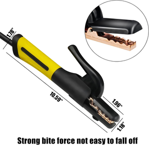 600A electrode holder dimension diagram with jaw close-up showing strong bite force to hold rods securely