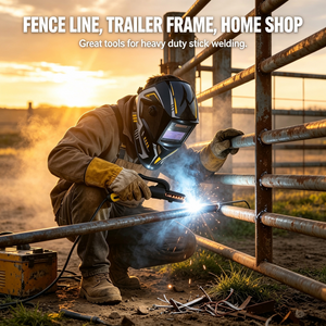 Welder in an auto-darkening helmet stick welding a rusty steel fence line at sunrise with a 600A electrode holder