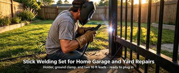 A man in a welding mask and gloves welds a black metal fence gate in a backyard during golden hour. Text overlay at the bottom reads 'Stick Welding Set for Home Garage and Yard Repairs' with smaller descriptive text.