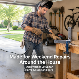 A man wearing a welding helmet and gloves works at a wooden workbench in a home garage, using a clamp to hold a metal bracket. Text on the image reads 'Made for Weekend Repairs Around the House' and 'Stick Welder Setup for Home Garage and Yard.