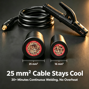 25 mm² welding cable cross section compared with 16 mm², staying cool for 30 minutes of continuous welding