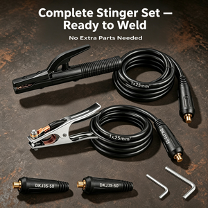 Complete 800A stinger set ready to weld: electrode holder, ground clamp, 10 ft leads and DKJ35-50 adapters