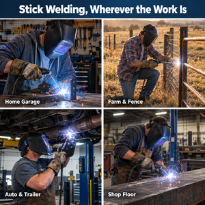 A four-panel promotional collage for stick welding, with the headline 'Stick Welding, Wherever the Work Is' at the top. Each panel shows a person wearing a welding helmet and gloves while welding in different real-world settings: a home garage, a farm and fence, under a vehicle, and on a shop floor.