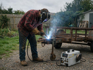 Flux core welding a rusty trailer outdoors with the Simder MIG-250, no gas tank