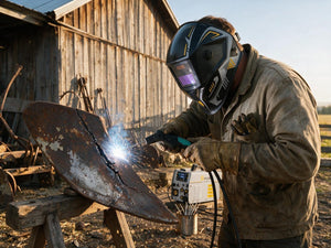 Stick welding a rusty plow blade on the farm with the Simder MIG-250