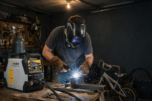 A person wearing a welding helmet and gloves is welding at a workbench in a dark workshop, with an Inomer welding machine on the table and a bicycle in the background.